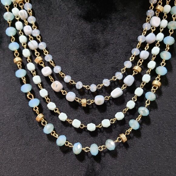 Womens Turquoise Beads Metallic Gold Cord Necklace with Earrings - Picture 4 of 7